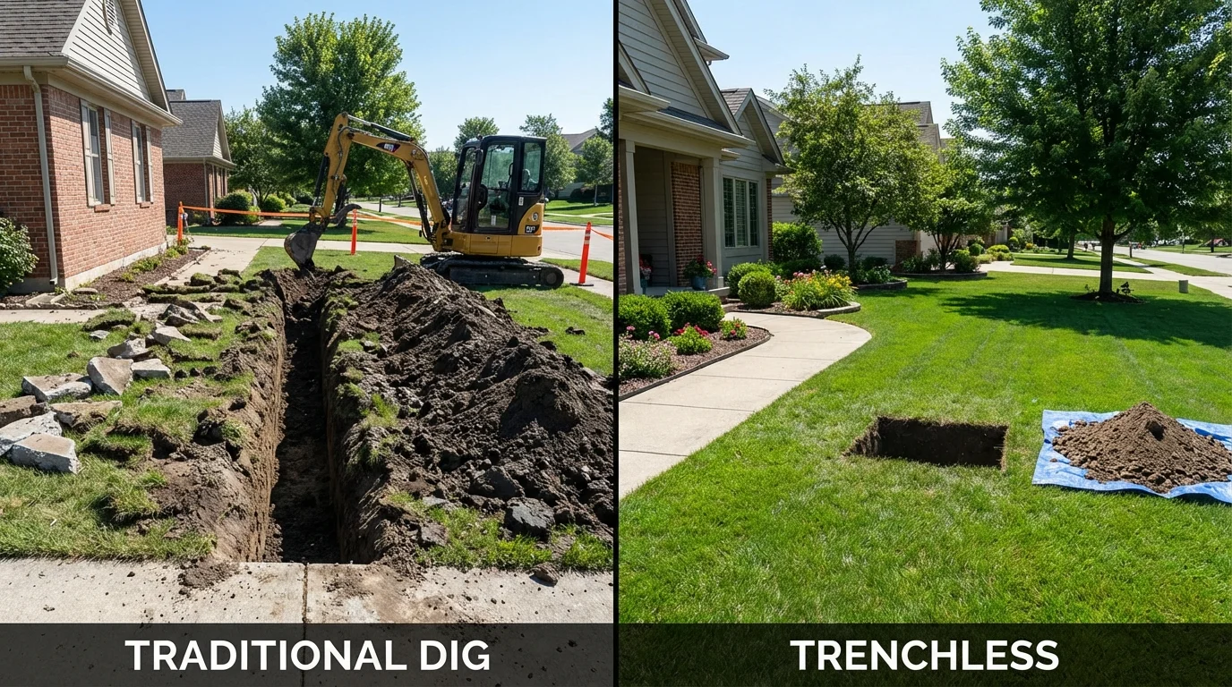 Trenchless sewer repair with minimal yard damage versus traditional excavation in Addison, ME