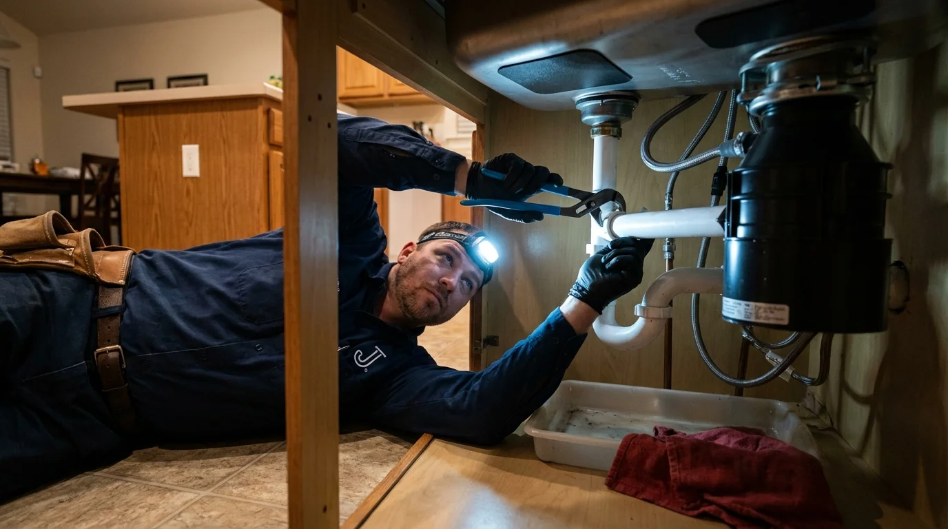 P-trap and supply line connections under a kitchen sink showing a common leak point in Addison, ME